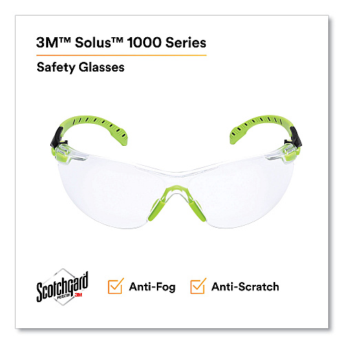 3M Solus 1000-Series Safety Glasses, Black/Green Plastic Frame, Clear Polycarbonate Lens (S1201SGAF)