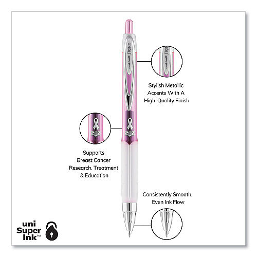 uni-ball 207 Office Pack Gel Pen, Retractable, Medium 0.7 mm, Black Ink, Pink/Translucent White Barrel, 36/Pack (2003896)