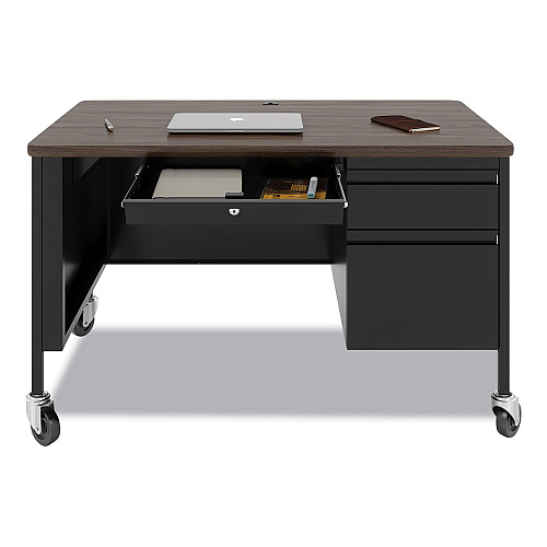 Hirsh Industries Mobile Teachers Pedestal Desks, Right-Hand Pedestal: Box/File Drawers, 48" x 30" x 29.5", Walnut/Black (22656)