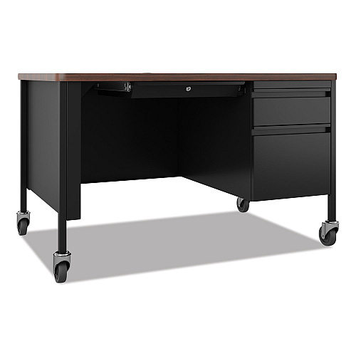 Hirsh Industries Mobile Teachers Pedestal Desks, Right-Hand Pedestal: Box/File Drawers, 48" x 30" x 29.5", Walnut/Black (22656)