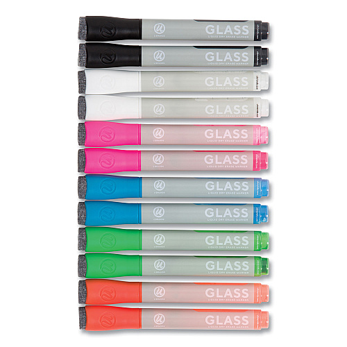 U Brands Bullet Tip Low-Odor Liquid Glass Markers with Erasers, Broad Bullet Tip, Assorted Colors, 12/Pack (2913U0012)