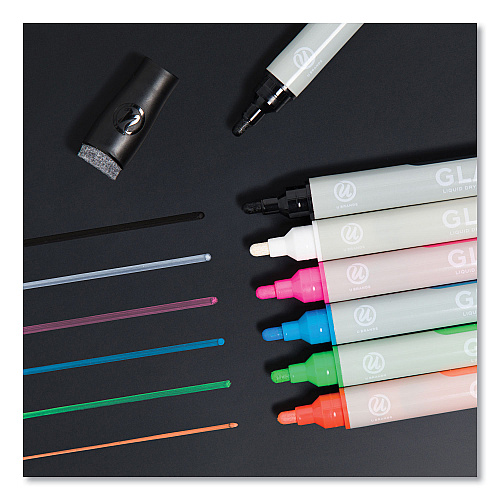 U Brands Bullet Tip Low-Odor Liquid Glass Markers with Erasers, Broad Bullet Tip, Assorted Colors, 12/Pack (2913U0012)