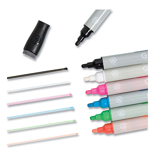 U Brands Bullet Tip Low-Odor Liquid Glass Markers with Erasers, Broad Bullet Tip, Assorted Colors, 12/Pack (2913U0012)