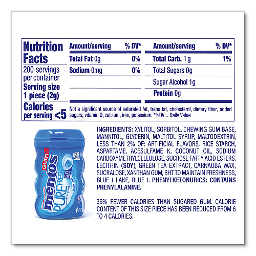 Mentos Pure Fresh Gum Variety Pack, Fresh Mint/Spearmint, 50 Pieces/Bottle, 8 Bottles/Carton (60000727)