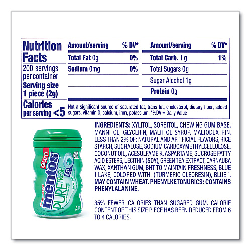Mentos Pure Fresh Gum Variety Pack, Fresh Mint/Spearmint, 50 Pieces/Bottle, 8 Bottles/Carton (60000727)