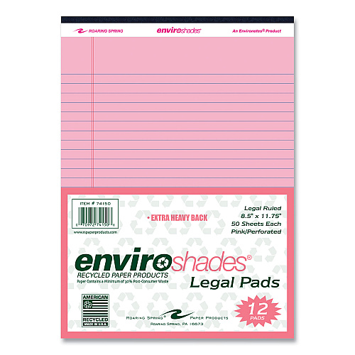 Roaring Spring Enviroshades Legal Notepads, 50 Pink 8.5 x 11.75 Sheets, 72 Notepads/Carton (74150CS)