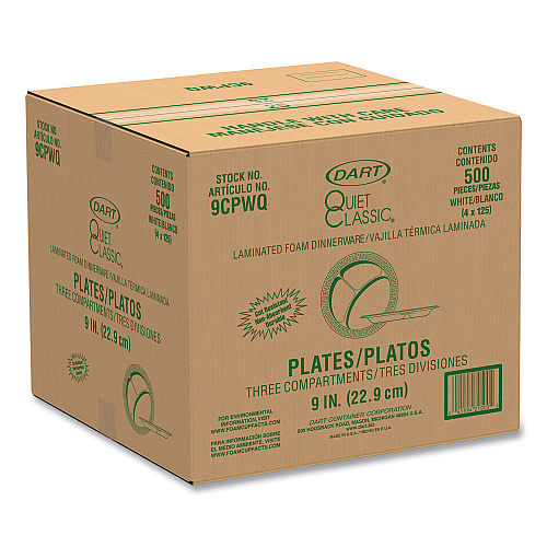 Dart Quiet Classic Laminated Foam Dinnerware, 3-Compartment Plate, 9" dia, White, 500/Carton (9CPWQ)