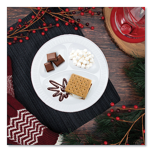 Dart Quiet Classic Laminated Foam Dinnerware, 3-Compartment Plate, 9" dia, White, 500/Carton (9CPWQ)