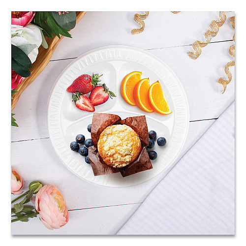 Dart Quiet Classic Laminated Foam Dinnerware, 3-Compartment Plate, 9" dia, White, 500/Carton (9CPWQ)