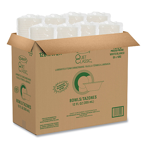Dart Quiet Classic Laminated Foam Dinnerware Bowls, 10 to 12 oz, White, 125/Pack, 8 Packs/Carton (12BWWQR)