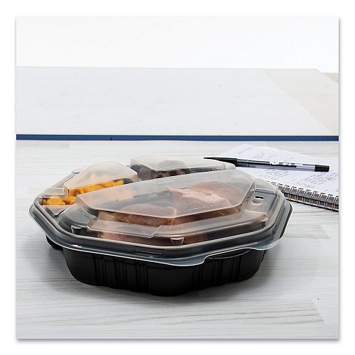 SOLO OctaView Hinged-Lid Hot Food Containers, 3-Compartment, 38 oz, 9.55 x 9.1 x 2.4, Black/Clear, Plastic, 100/Carton (809014PP94)