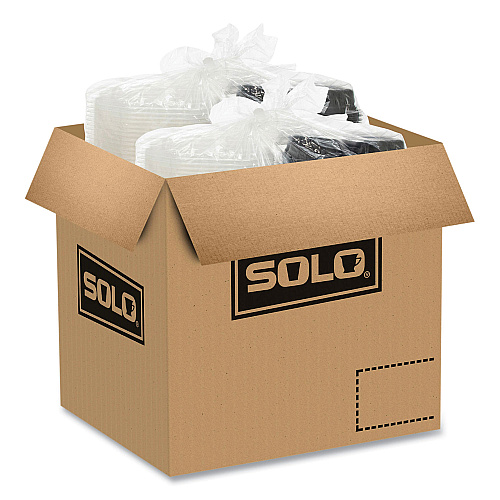 SOLO OctaView Hinged-Lid Hot Food Containers, 3-Compartment, 38 oz, 9.55 x 9.1 x 2.4, Black/Clear, Plastic, 100/Carton (809014PP94)