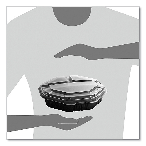 SOLO OctaView Hinged-Lid Hot Food Containers, 3-Compartment, 38 oz, 9.55 x 9.1 x 2.4, Black/Clear, Plastic, 100/Carton (809014PP94)
