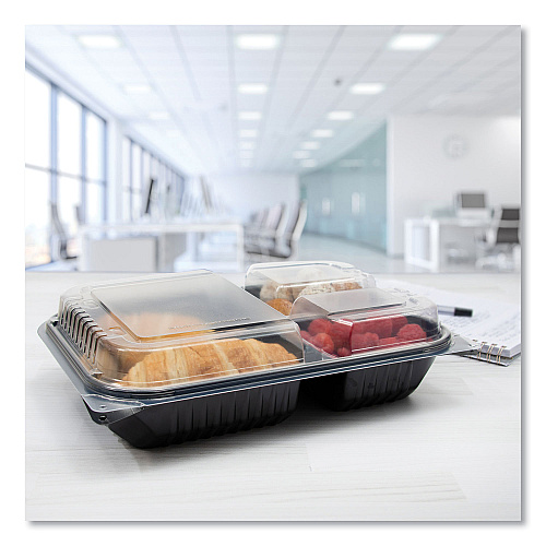 SOLO Hinged-Lid Dinner Box, 3 Compartments, 32 oz, 11.5 x 8.1 x 3, Black/Clear, Plastic, 100/Carton (919019PM94)