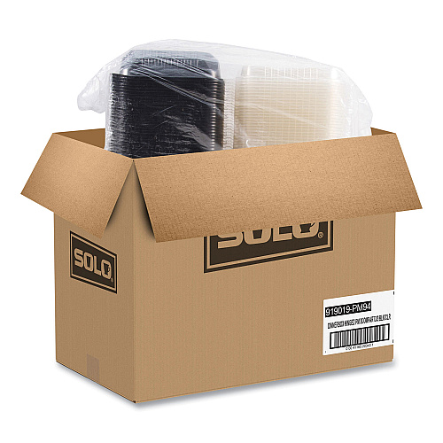 SOLO Hinged-Lid Dinner Box, 3 Compartments, 32 oz, 11.5 x 8.1 x 3, Black/Clear, Plastic, 100/Carton (919019PM94)