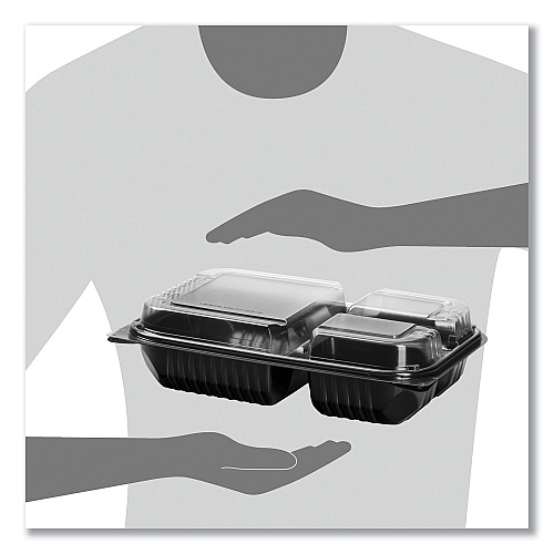 SOLO Hinged-Lid Dinner Box, 3 Compartments, 32 oz, 11.5 x 8.1 x 3, Black/Clear, Plastic, 100/Carton (919019PM94)