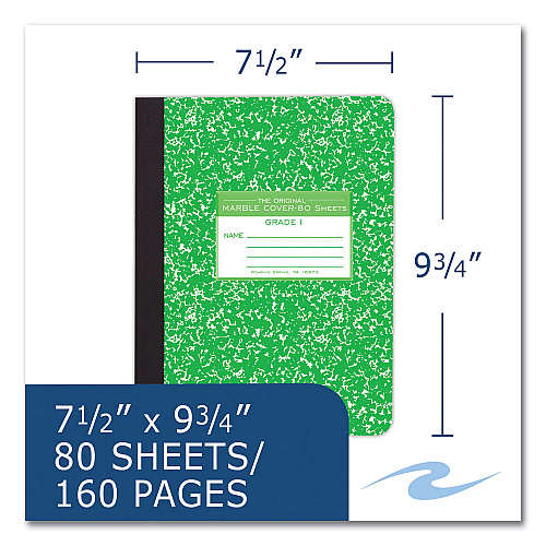 Roaring Spring Ruled Composition Book, Grade 1 Manuscript Format, Green Marble Cover, (80) 9.75 x 7.5 Sheets, 48/Carton (97225CS)