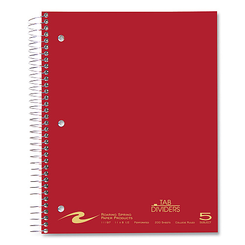 Roaring Spring Wirebound Notebook with Tabs, 5-Subject, College Rule, Randomly Assorted Covers, (200) 11 x 8.5 Sheets, 12/Carton (11197CS)