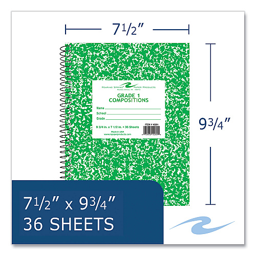 Roaring Spring Wirebound Composition Book, 1 Subject, Manuscript Format, Green Cover, (36) 9.75 x 7.5 Sheets, 48/Carton (10201CS)