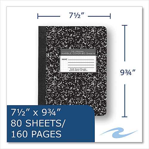 Roaring Spring Hardcover Composition Book, Quadrille 5 sq/in Rule, Black Marble Cover, (80) 9.75 x 7.5 Sheets, 48/Carton (77227CS)