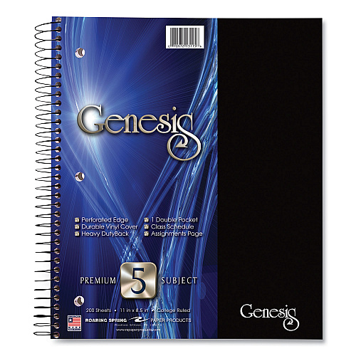Roaring Spring Genesis Notebook, 5-Subject, Medium/College Rule, Randomly Assorted Cover Color, (200) 11 x 9 Sheets, 12/Carton (13115CS)