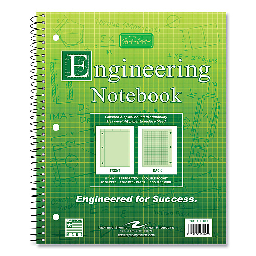 Roaring Spring Wirebound Engineering Notebook, 20 lb Paper Stock, Green Cover, 80-Green 11 x 8.5 Sheets, 24/Carton (11382CS)