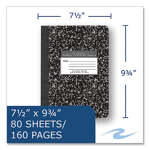 Roaring Spring Hardcover Marble Composition Book, Med/College Rule, Black Marble Cover, (80) 9.75 x 7.5 Sheet, 48/CT (77226CS)