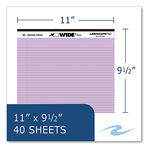 Roaring Spring WIDE Landscape Format Writing Pad, Medium/College Rule, 40 Assorted Colors 11 x 9.5 Sheets, 12/Carton (74535CS)