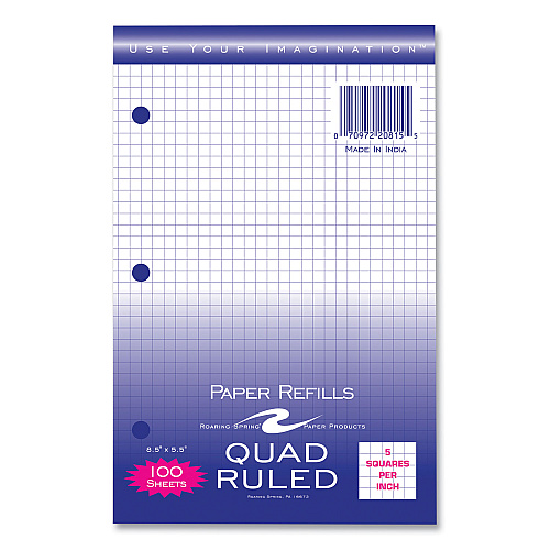 Roaring Spring Graph Filler Paper, 3-Hole, Quadrille: 5 sq in, (100) 8.5 x 5.5 Sheets, 48/Carton (20815CS)