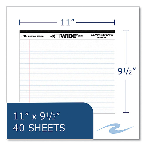 Roaring Spring WIDE Landscape Format Writing Pad, Medium/College Rule, 40 White 11 x 9.5 Sheets, 18/Carton (74510CS)