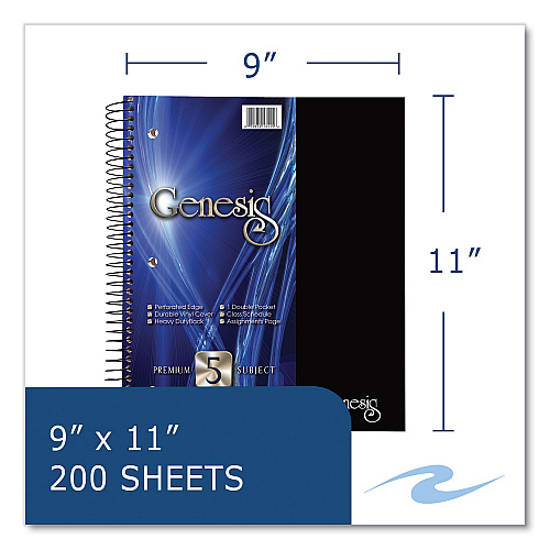 Roaring Spring Genesis Notebook, 5-Subject, Medium/College Rule, Randomly Assorted Cover Color, (200) 11 x 9 Sheets, 12/Carton (13115CS)