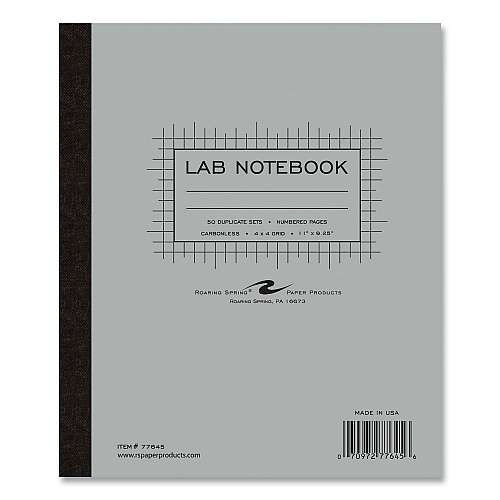 Roaring Spring Lab and Science Carbonless Notebook, Quad Rule (4 sq/in), Gray Cover, (100) 11x9.25 Sheets, 12/Carton (77645CS)