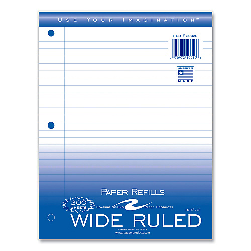 Roaring Spring Loose Leaf Paper, 8 x 10.5, 3-Hole Punched, Wide Rule, White, 200 Sheets/Pack, 24 Packs/Carton (20020CS)