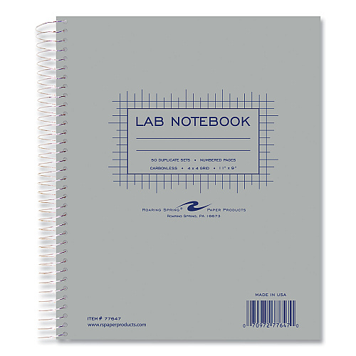 Roaring Spring Lab and Science Carbonless Notebook, Quad Rule (4 sq/in), Gray Cover, (100) 11 x 9 Sheets, 12/Carton (77647CS)