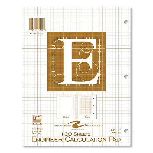 Roaring Spring Engineer Pad, Quadrille Rule (5 sq/in), 100 Buff 8.5 x 11 Sheets, 24/Carton (95182CS)