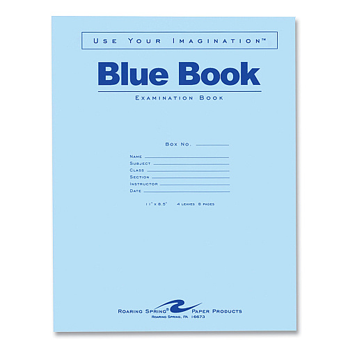 Roaring Spring Examination Blue Book, Wide/Legal Rule, Blue Cover, (4) 8.5 x 11 Sheets, 600/Carton (77515CS)