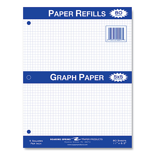 Roaring Spring Graph Filler Paper, 3-Hole, 8.5 x 11, Quadrille: 5 sq/in, 80 Sheets/Pack, 24 Packs/Carton (20097CS)