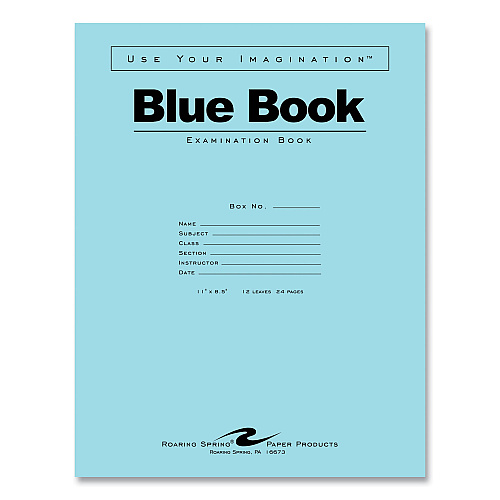 Roaring Spring Examination Blue Book, Wide/Legal Rule, Blue Cover, (12) 11 x 8.5 Sheets, 300/Carton (77519CS)