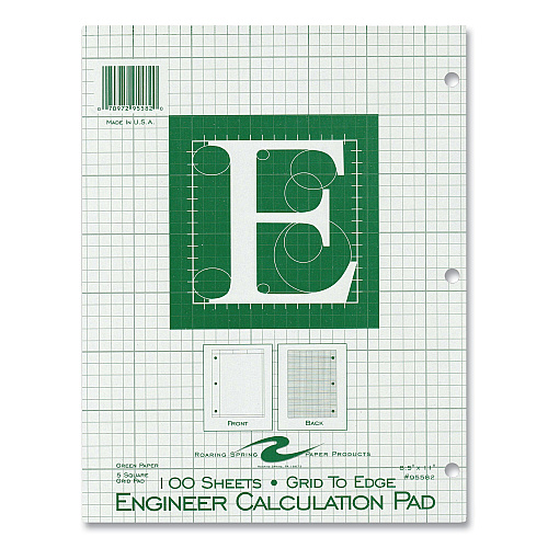 Roaring Spring Engineer Pad, (1.25" Margin), Quad Rule (5 sq/in, 1 sq/in), 100 Light Green 8.5 x 11 Sheets/Pad, 24/Carton (95582CS)