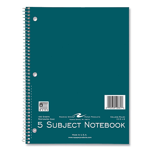 Roaring Spring Subject Wirebound Notebook, 5-Subject, Medium/College Rule, Assorted Cover, (180) 10.5 x 8 Sheets, 12/Carton (10381CS)