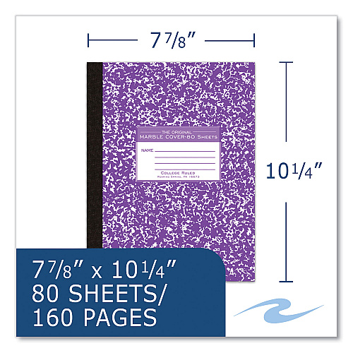 Roaring Spring Flexible Cover Marble Composition Book, Med/College Rule, Assorted Cover, (80) 10.25 x 7.88 Sheets, 48/Carton (77480CS)