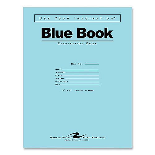 Roaring Spring Examination Blue Book, Wide/Legal Rule, Blue Cover, (6) 11 x 8.5 Sheets, 500/Carton (77516CS)