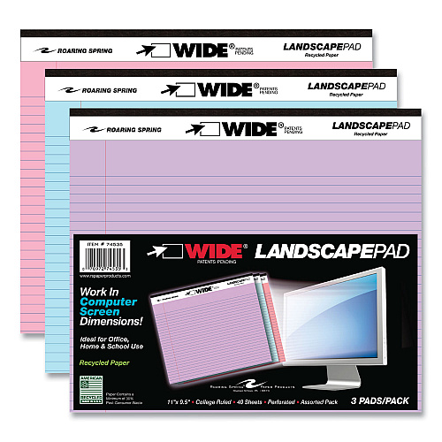 Roaring Spring WIDE Landscape Format Writing Pad, Medium/College Rule, 40 Assorted Colors 11 x 9.5 Sheets, 12/Carton (74535CS)