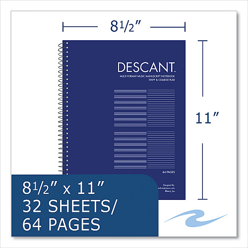 Roaring Spring Music Notebook, Medium/College Rule, Transcription Format, Blue Cover, (32) 8.5 x 11 Sheets, 24/Carton (11032CS)