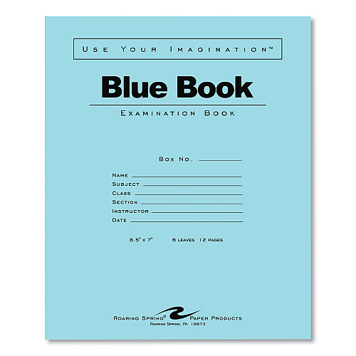 Roaring Spring Examination Blue Book, Wide/Legal Rule, Blue Cover, (6) 8.5 x 7 Sheets, 1,000/Carton (77511CS)