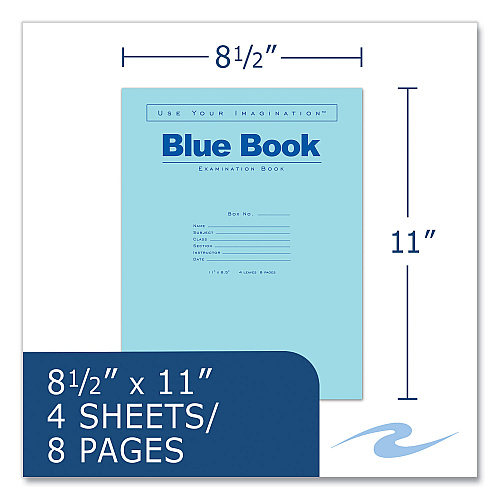 Roaring Spring Examination Blue Book, Wide/Legal Rule, Blue Cover, (4) 8.5 x 11 Sheets, 600/Carton (77515CS)