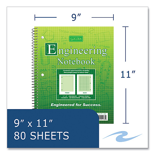 Roaring Spring Wirebound Engineering Notebook, 20 lb Paper Stock, Green Cover, 80-Green 11 x 8.5 Sheets, 24/Carton (11382CS)