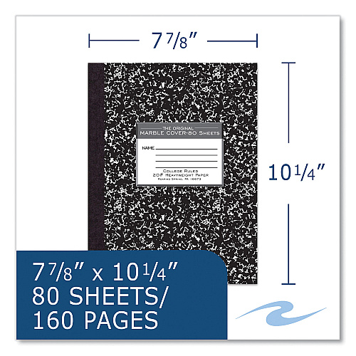 Roaring Spring Hardcover Composition Book, Med/College Rule, Black Marble Cover, (80) 10.25 x 7.88 Sheets, 24/Carton (77461CS)