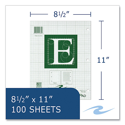 Roaring Spring Engineer Pad, (0.5" Margins), Quad Rule (5 sq/in, 1 sq/in) 100 Light Green 8.5 x 11 Sheets/Pad, 24/Carton (95382CS)