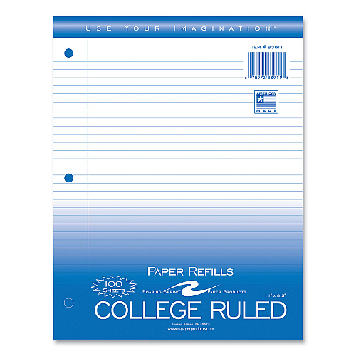 Roaring Spring Loose Leaf Paper, 8.5 x 11, 3-Hole Punched, College Rule, White, 100 Sheets/Pack, 48 Packs/Carton (83911CS)